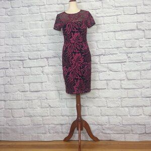 David Meister Black & Magenta Embroidered Floral Mesh Dress